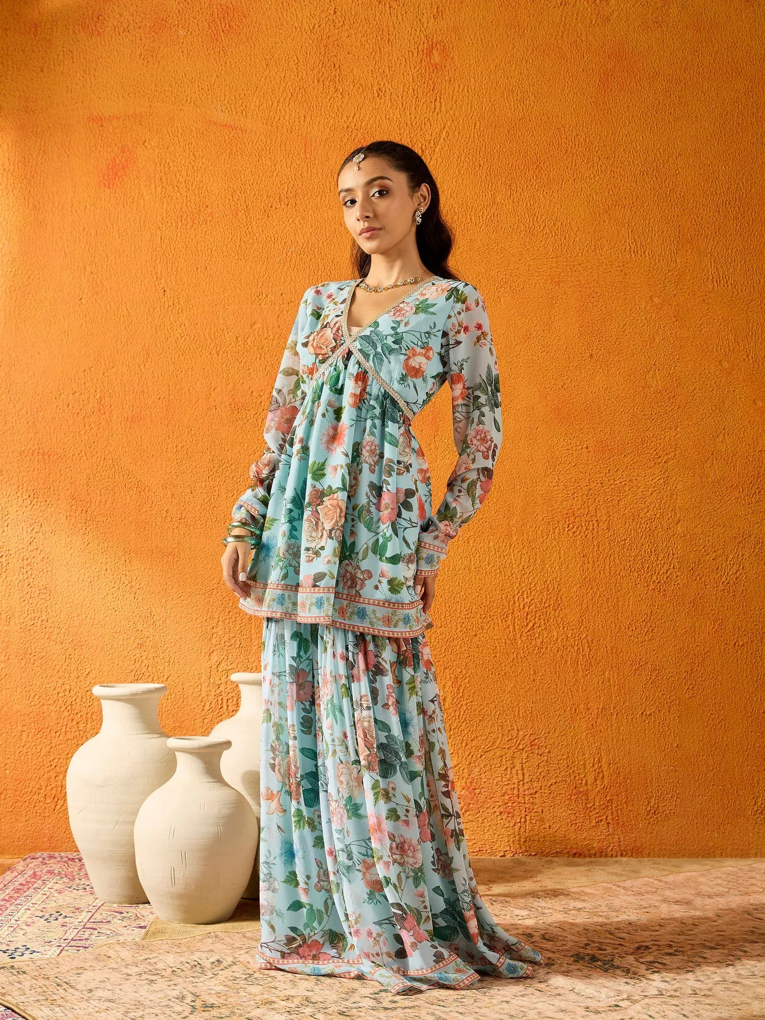 Girls Blue Floral Peplum Top With Sharara Pants-NVSETS9939