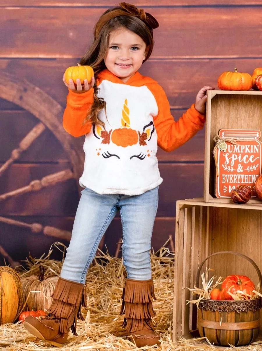 Girls Plush Fleece Unicorn Raglan Hoodie