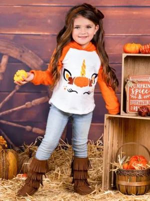 Girls Plush Fleece Unicorn Raglan Hoodie
