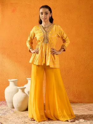Girls Yellow Brocade V-Neck Peplum Top With Palazzos-NVSETS9934