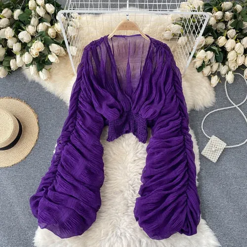 goosudu  Summer Sexy Draped Chiffon Blouse For Women Elegant V-Neck Puff Long Sleeve Short Tops Female Slim Party Shirts  New Fashion