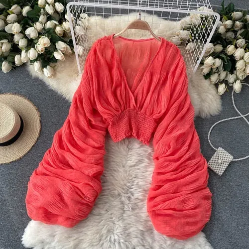 goosudu  Summer Sexy Draped Chiffon Blouse For Women Elegant V-Neck Puff Long Sleeve Short Tops Female Slim Party Shirts  New Fashion