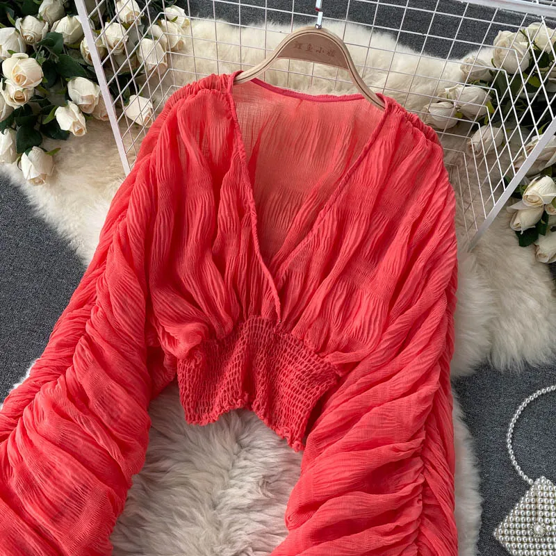goosudu  Summer Sexy Draped Chiffon Blouse For Women Elegant V-Neck Puff Long Sleeve Short Tops Female Slim Party Shirts  New Fashion