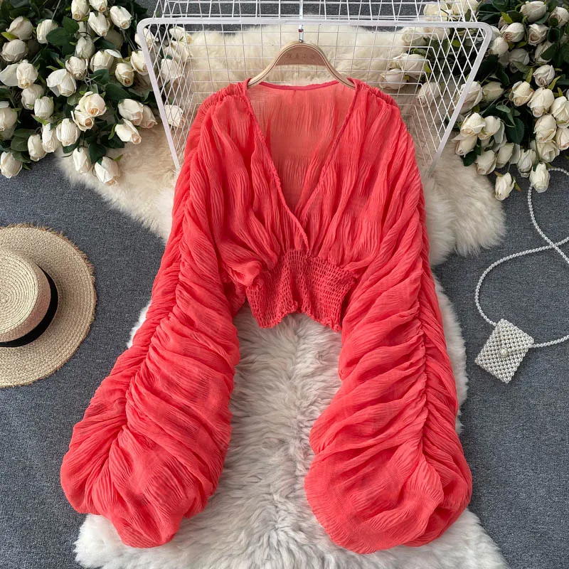 goosudu  Summer Sexy Draped Chiffon Blouse For Women Elegant V-Neck Puff Long Sleeve Short Tops Female Slim Party Shirts  New Fashion