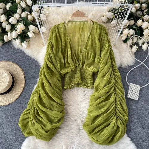 goosudu  Summer Sexy Draped Chiffon Blouse For Women Elegant V-Neck Puff Long Sleeve Short Tops Female Slim Party Shirts  New Fashion
