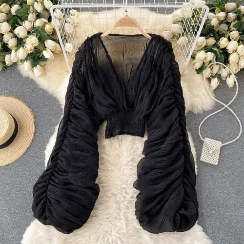 goosudu  Summer Sexy Draped Chiffon Blouse For Women Elegant V-Neck Puff Long Sleeve Short Tops Female Slim Party Shirts  New Fashion