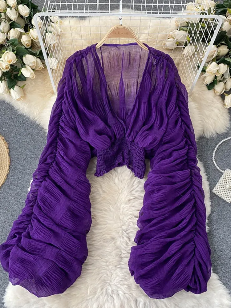 goosudu  Summer Sexy Draped Chiffon Blouse For Women Elegant V-Neck Puff Long Sleeve Short Tops Female Slim Party Shirts  New Fashion