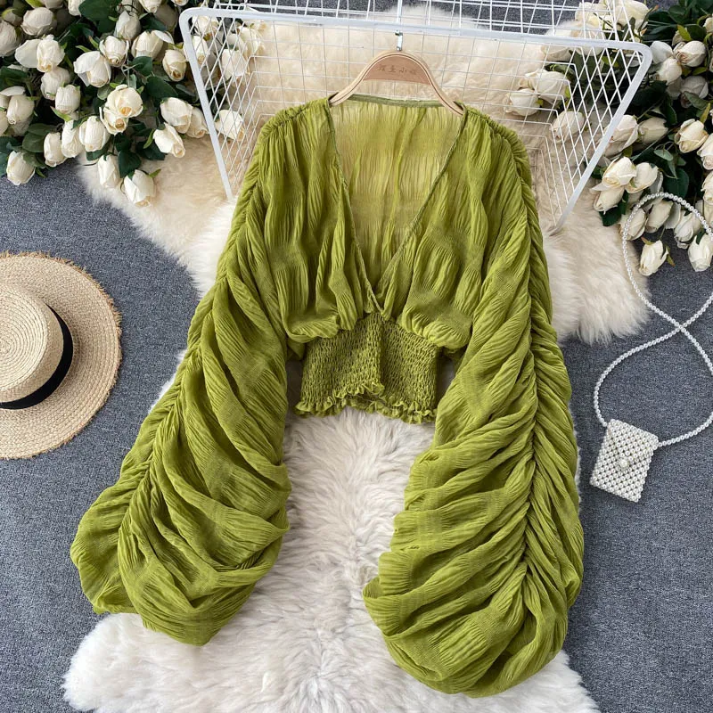 goosudu  Summer Sexy Draped Chiffon Blouse For Women Elegant V-Neck Puff Long Sleeve Short Tops Female Slim Party Shirts  New Fashion