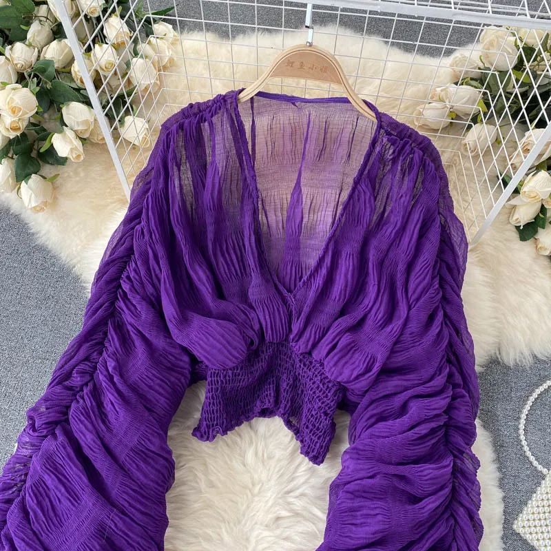 goosudu  Summer Sexy Draped Chiffon Blouse For Women Elegant V-Neck Puff Long Sleeve Short Tops Female Slim Party Shirts  New Fashion