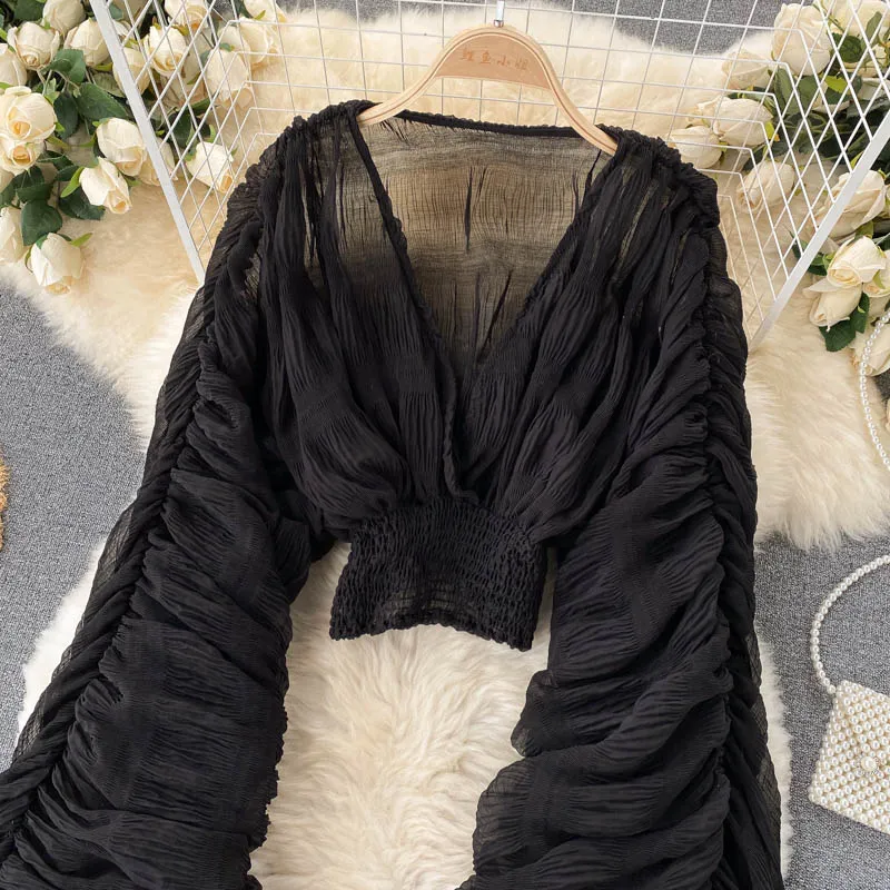 goosudu  Summer Sexy Draped Chiffon Blouse For Women Elegant V-Neck Puff Long Sleeve Short Tops Female Slim Party Shirts  New Fashion