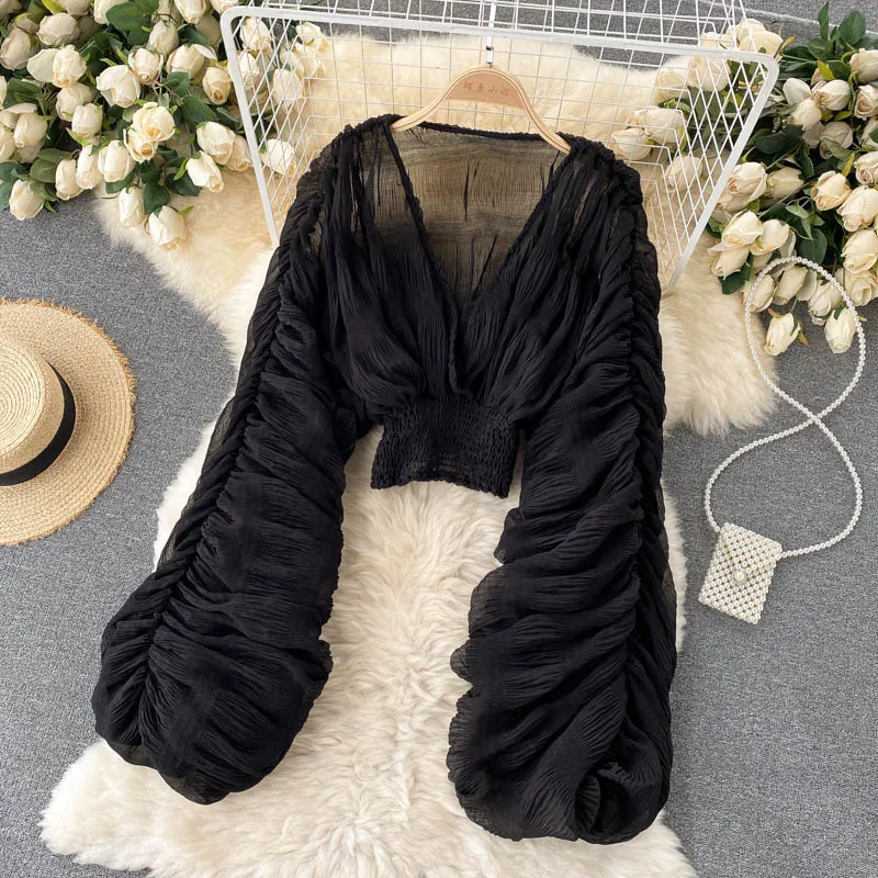 goosudu  Summer Sexy Draped Chiffon Blouse For Women Elegant V-Neck Puff Long Sleeve Short Tops Female Slim Party Shirts  New Fashion