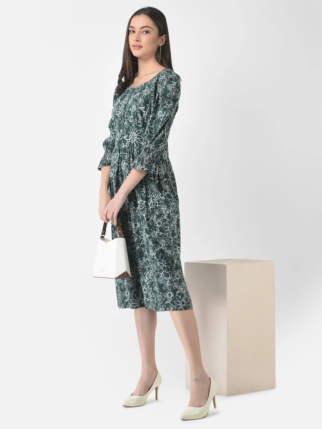 Green Floral Fit & Flare Midi Dress