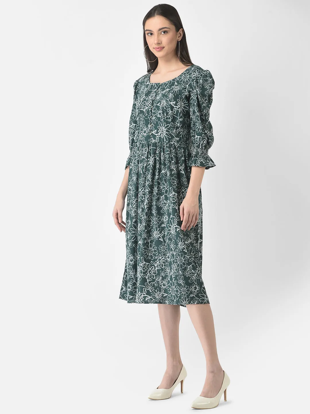 Green Floral Fit & Flare Midi Dress