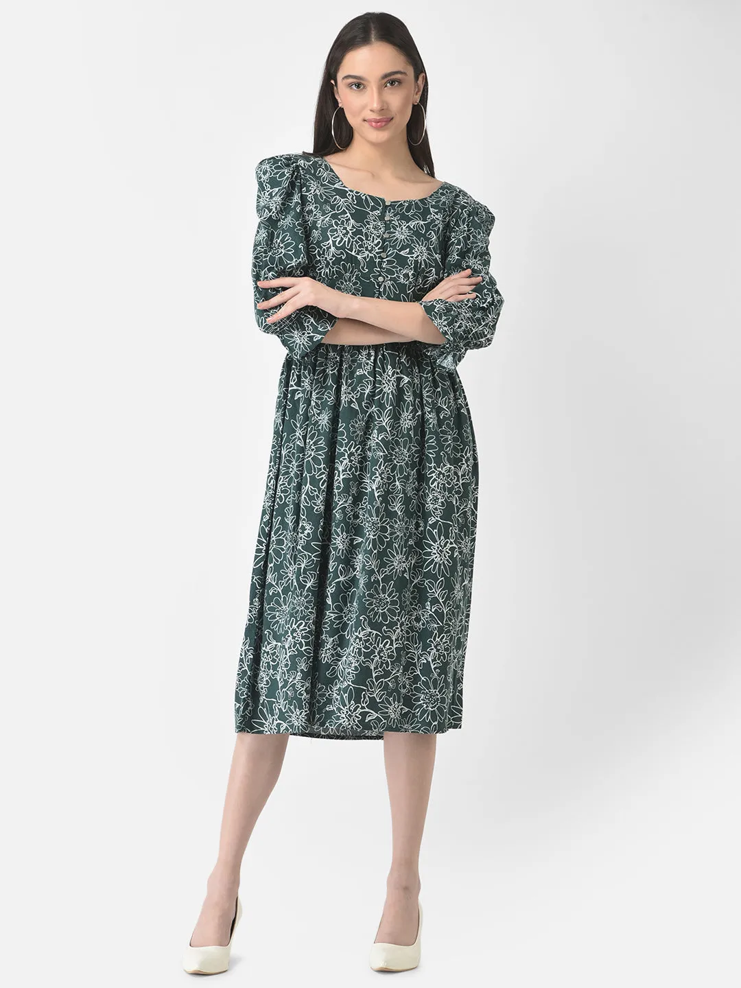Green Floral Fit & Flare Midi Dress