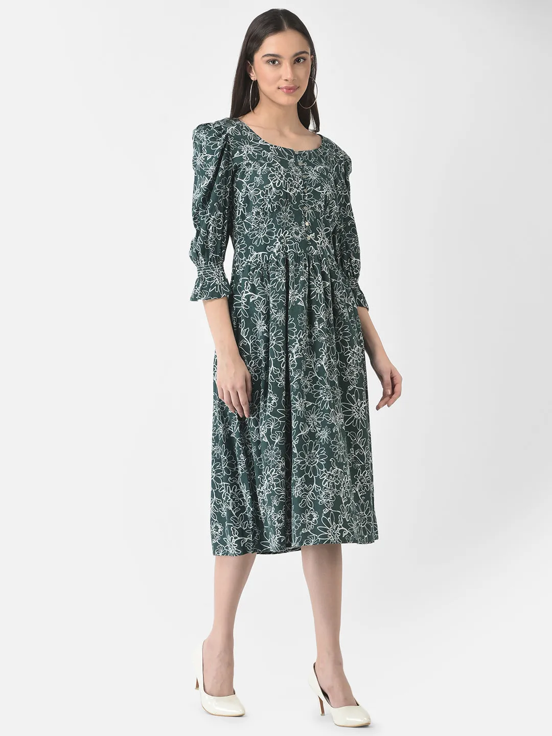 Green Floral Fit & Flare Midi Dress