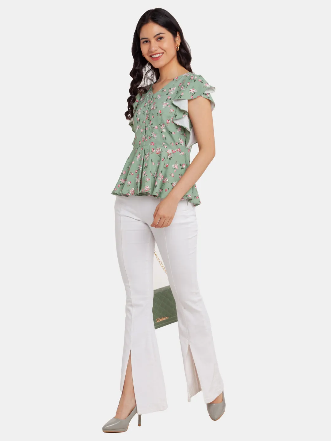 Green Printed Flared Sleeve Top