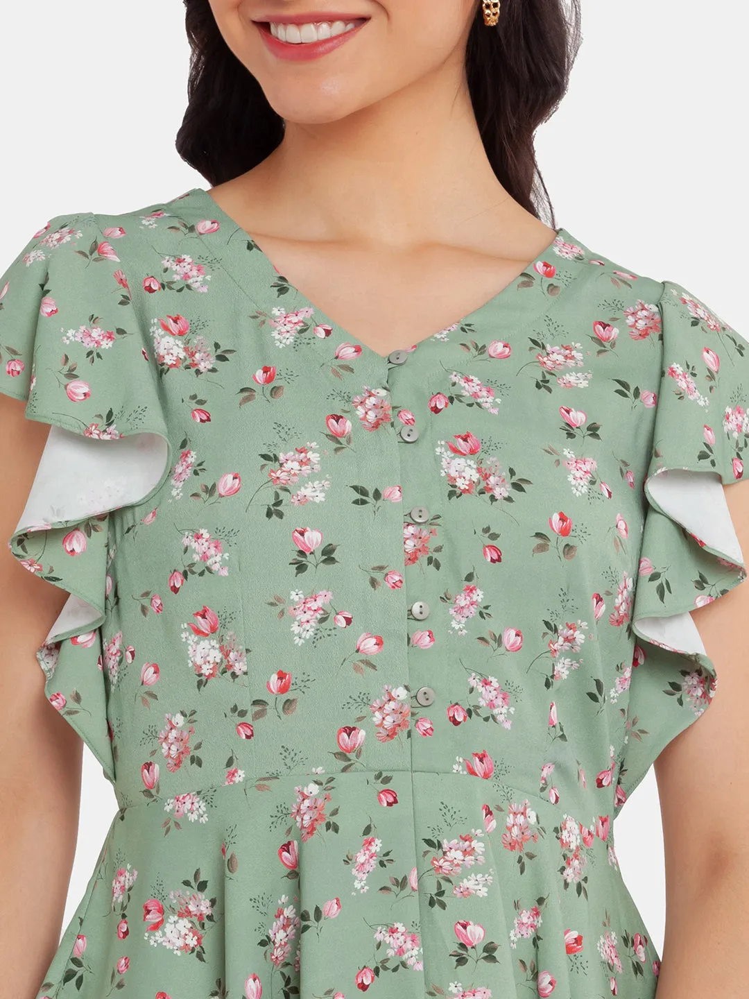 Green Printed Flared Sleeve Top