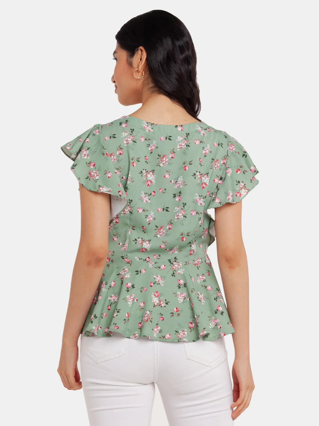 Green Printed Flared Sleeve Top