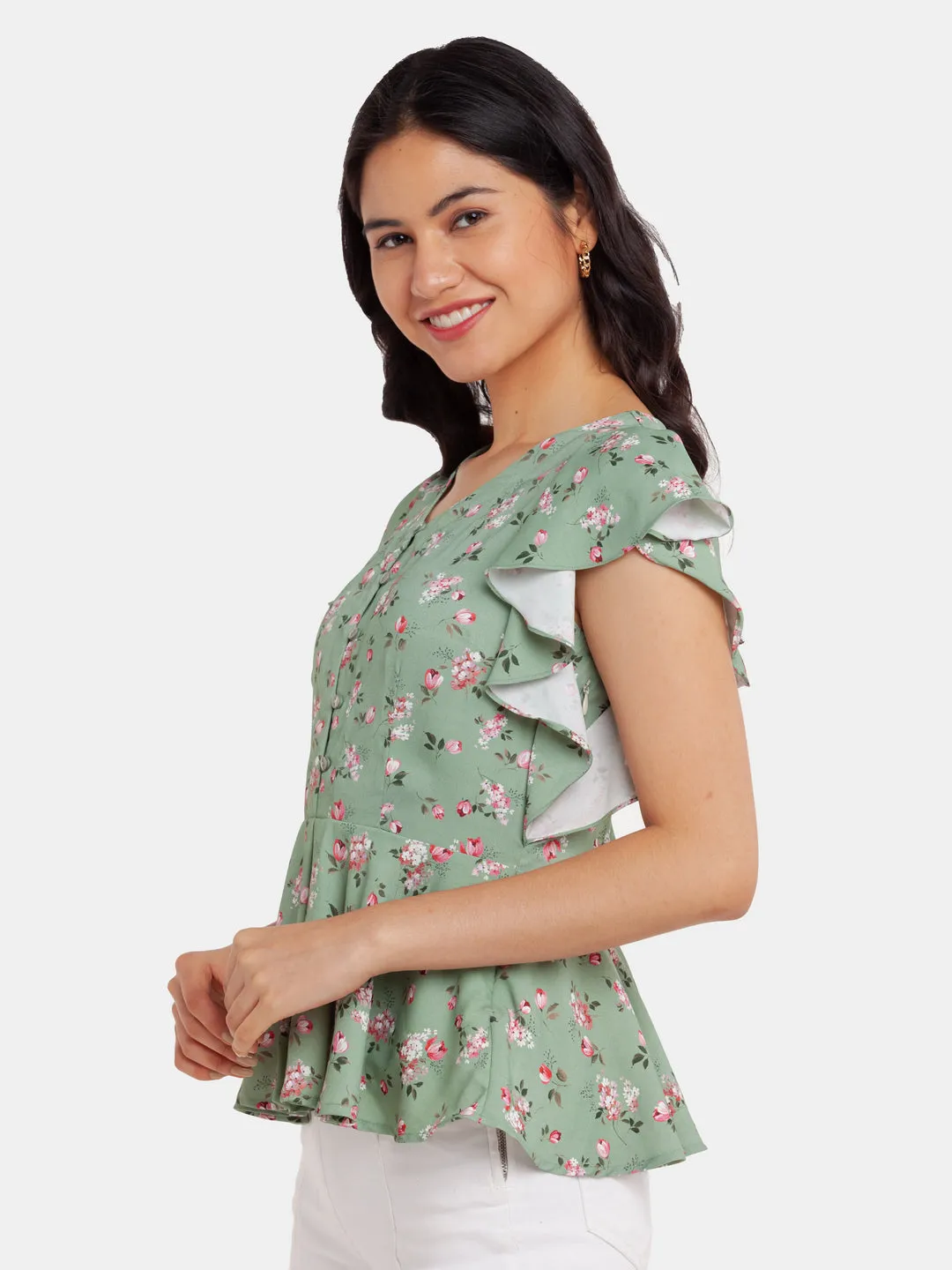 Green Printed Flared Sleeve Top