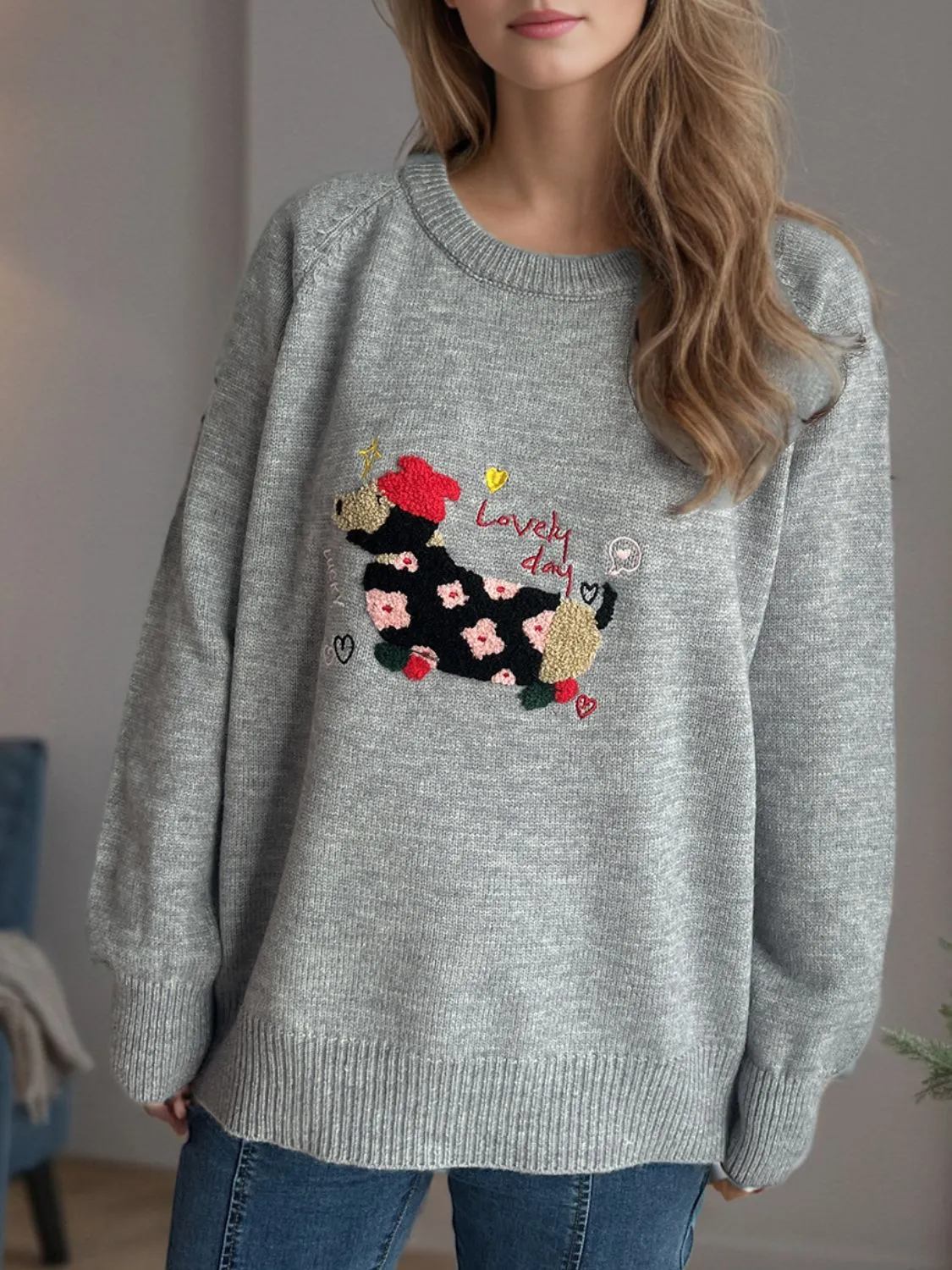 Hazel Blues® |  Puppy Round Neck Raglan Sleeve Sweater