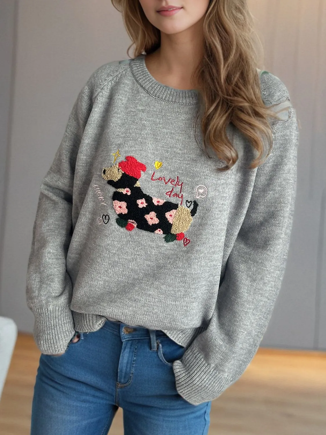 Hazel Blues® |  Puppy Round Neck Raglan Sleeve Sweater