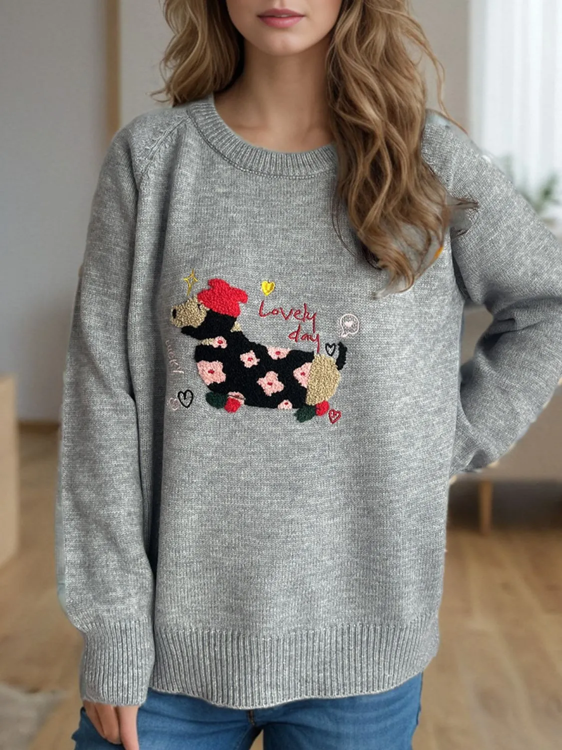 Hazel Blues® |  Puppy Round Neck Raglan Sleeve Sweater