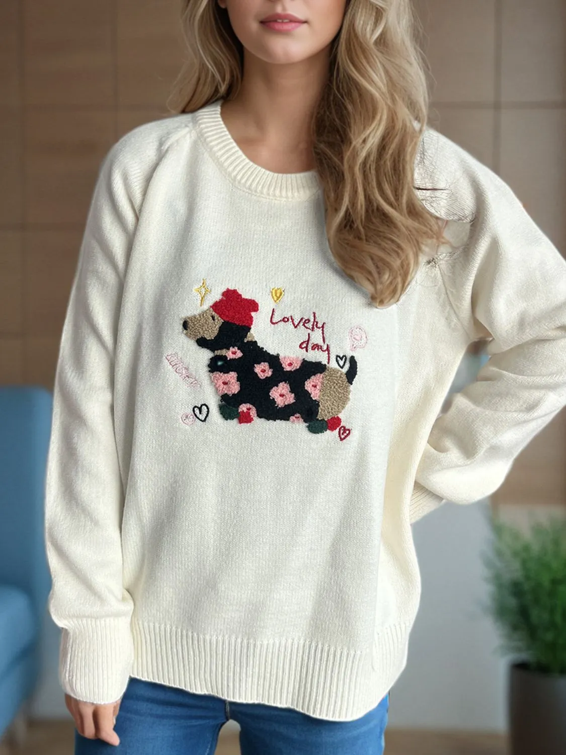 Hazel Blues® |  Puppy Round Neck Raglan Sleeve Sweater