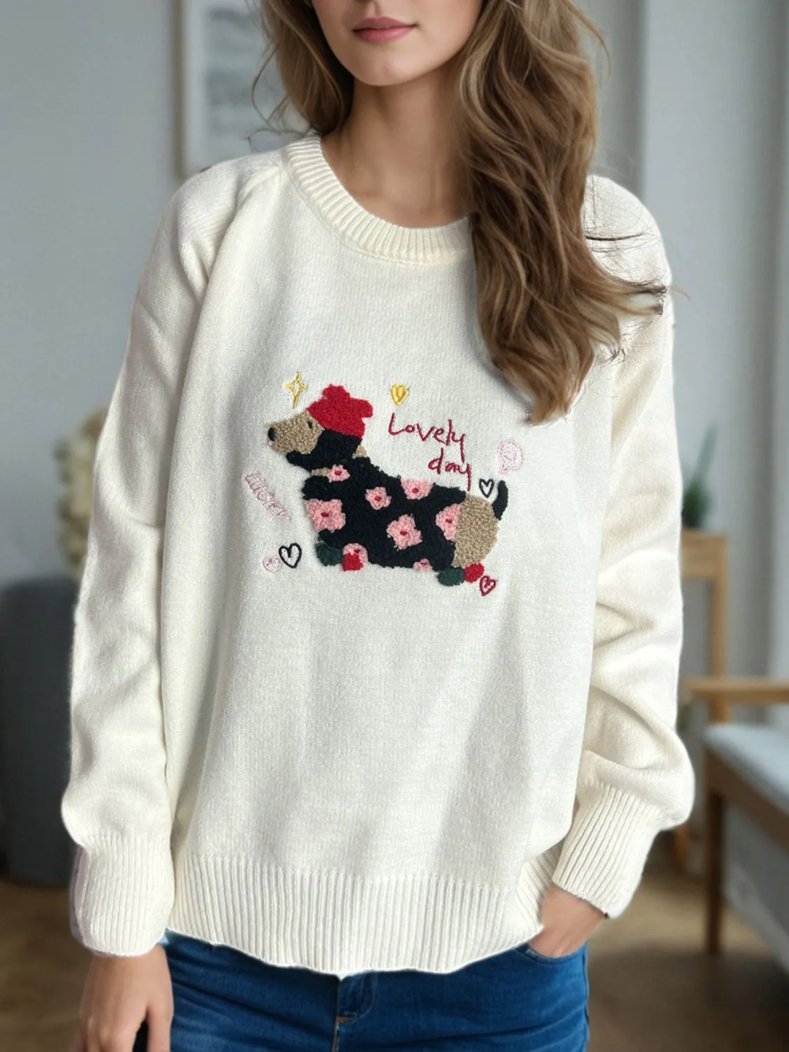 Hazel Blues® |  Puppy Round Neck Raglan Sleeve Sweater