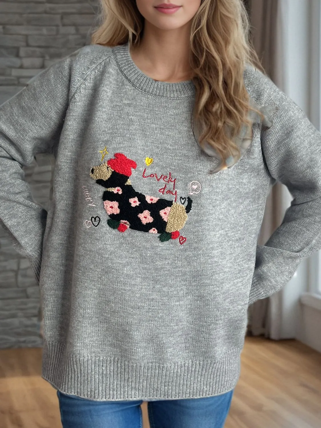 Hazel Blues® |  Puppy Round Neck Raglan Sleeve Sweater