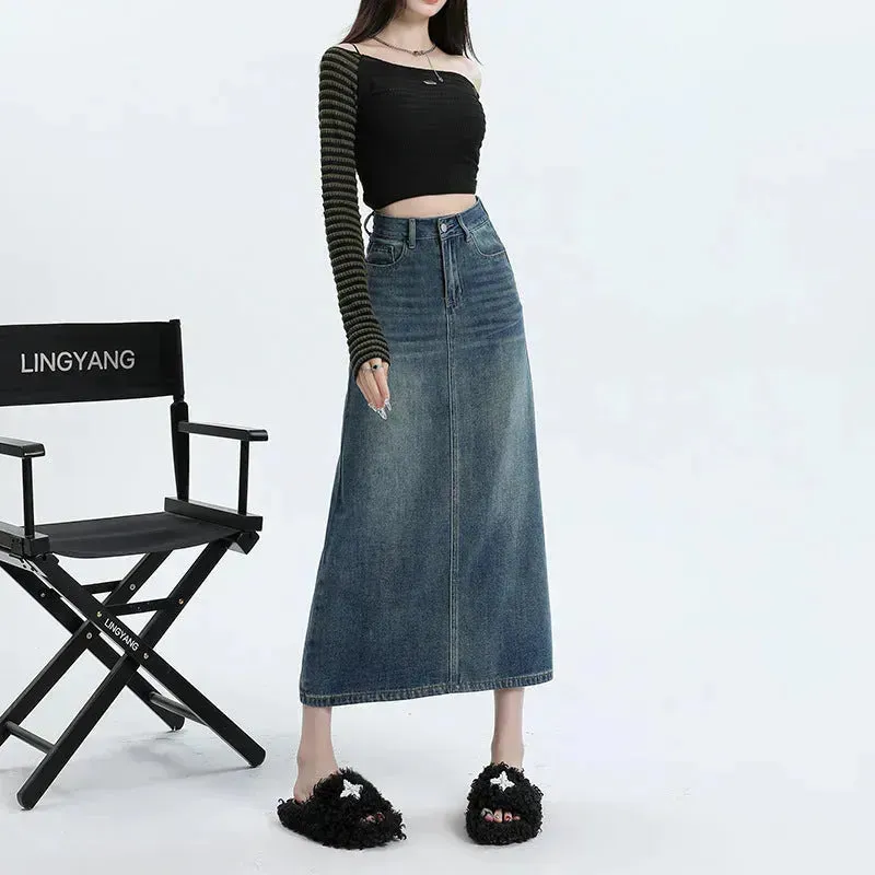 High Waisted Denim Skirt Design Pocket back Slit Retro Hip-wrapped Midi Skirt