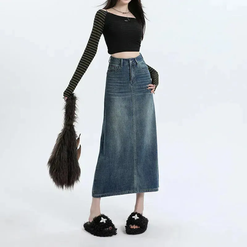 High Waisted Denim Skirt Design Pocket back Slit Retro Hip-wrapped Midi Skirt