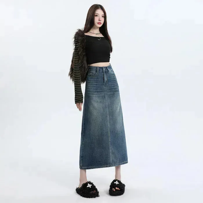 High Waisted Denim Skirt Design Pocket back Slit Retro Hip-wrapped Midi Skirt