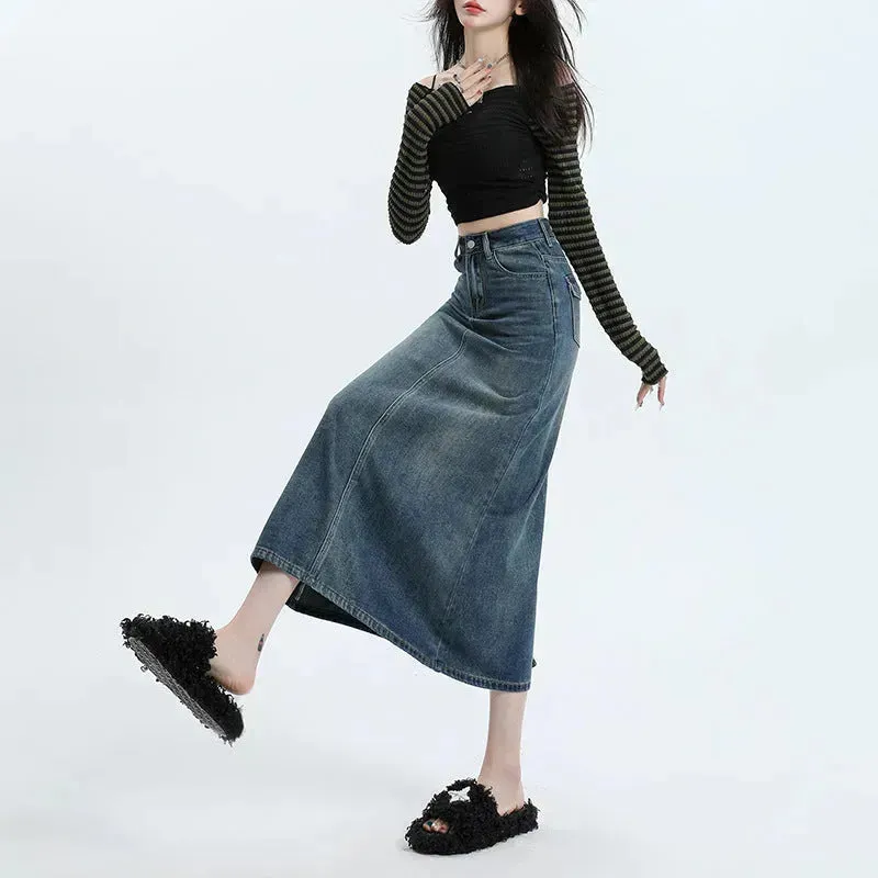 High Waisted Denim Skirt Design Pocket back Slit Retro Hip-wrapped Midi Skirt