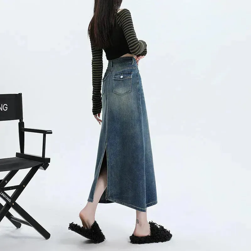 High Waisted Denim Skirt Design Pocket back Slit Retro Hip-wrapped Midi Skirt