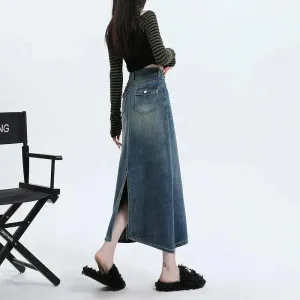 High Waisted Denim Skirt Design Pocket back Slit Retro Hip-wrapped Midi Skirt