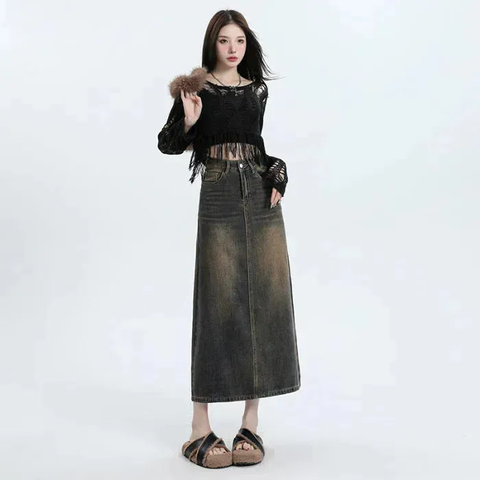 High Waisted Denim Skirt Design Pocket back Slit Retro Hip-wrapped Midi Skirt