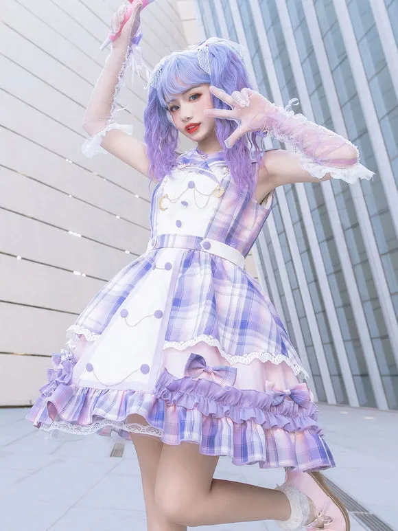 Idol Clothes Lolita JSK Dress Lilac Print Pattern Bows Metal Details Sleeveless Polyester Lolita Jumper Skirts
