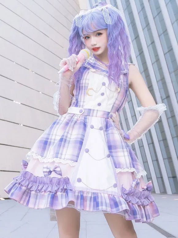 Idol Clothes Lolita JSK Dress Lilac Print Pattern Bows Metal Details Sleeveless Polyester Lolita Jumper Skirts