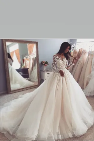Illusion Lace Long Sleeves Bridal Dress for Wedding Tulle Skirt