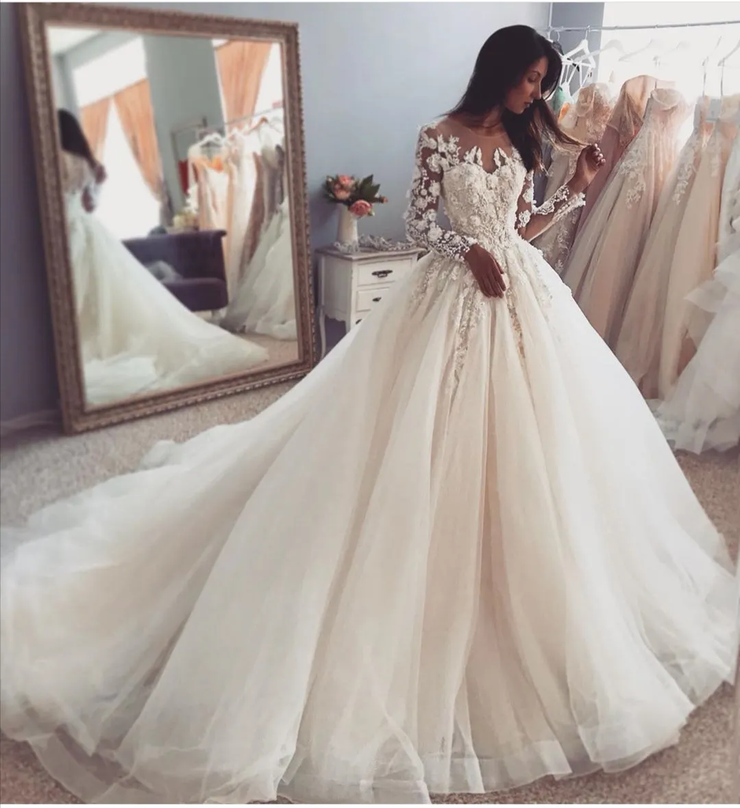 Illusion Lace Long Sleeves Bridal Dress for Wedding Tulle Skirt
