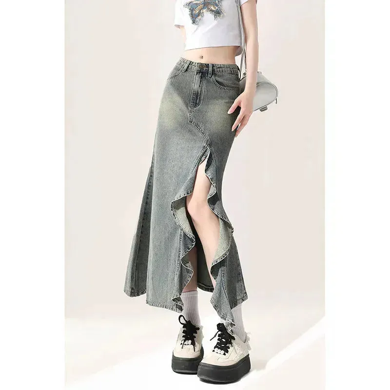 Irregular Half-length Split Denim long Skirt