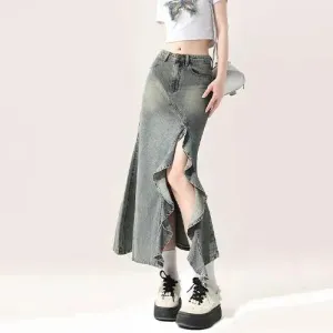 Irregular Half-length Split Denim long Skirt