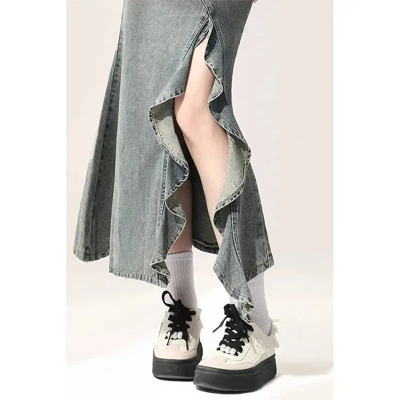 Irregular Half-length Split Denim long Skirt