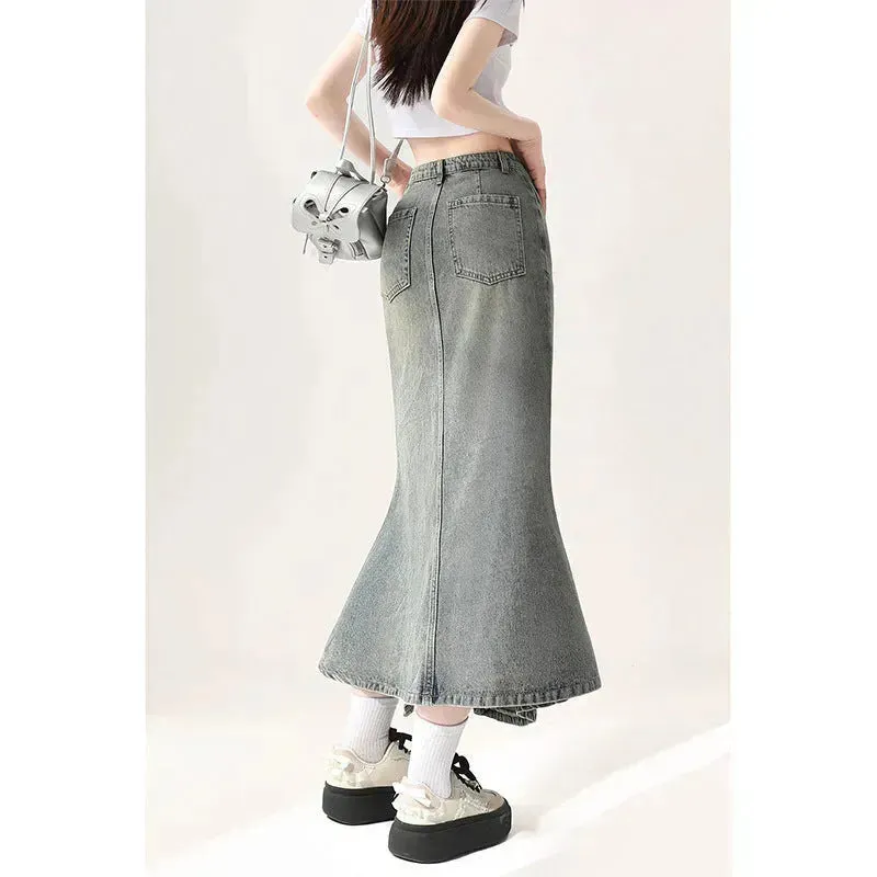 Irregular Half-length Split Denim long Skirt