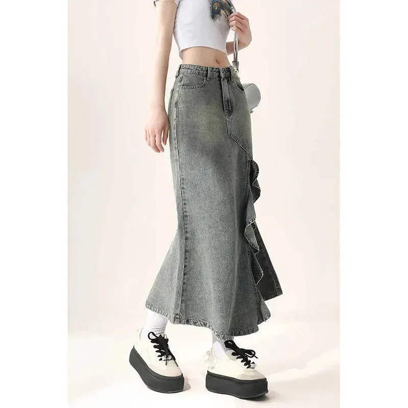 Irregular Half-length Split Denim long Skirt