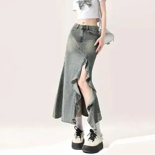 Irregular Half-length Split Denim long Skirt