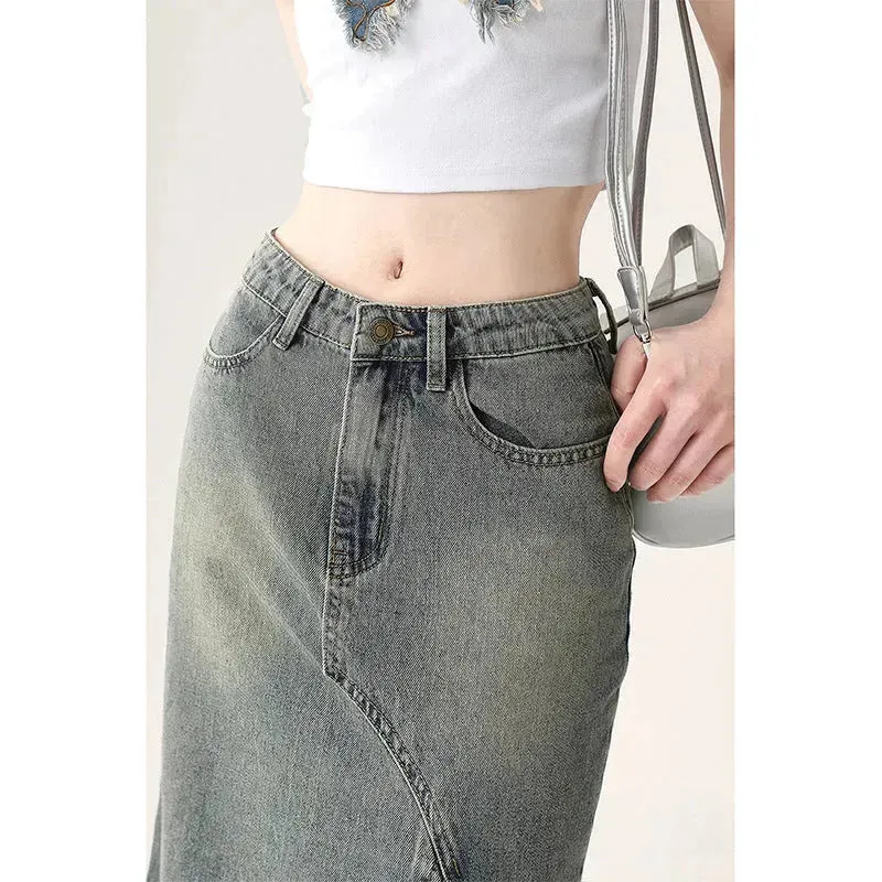 Irregular Half-length Split Denim long Skirt