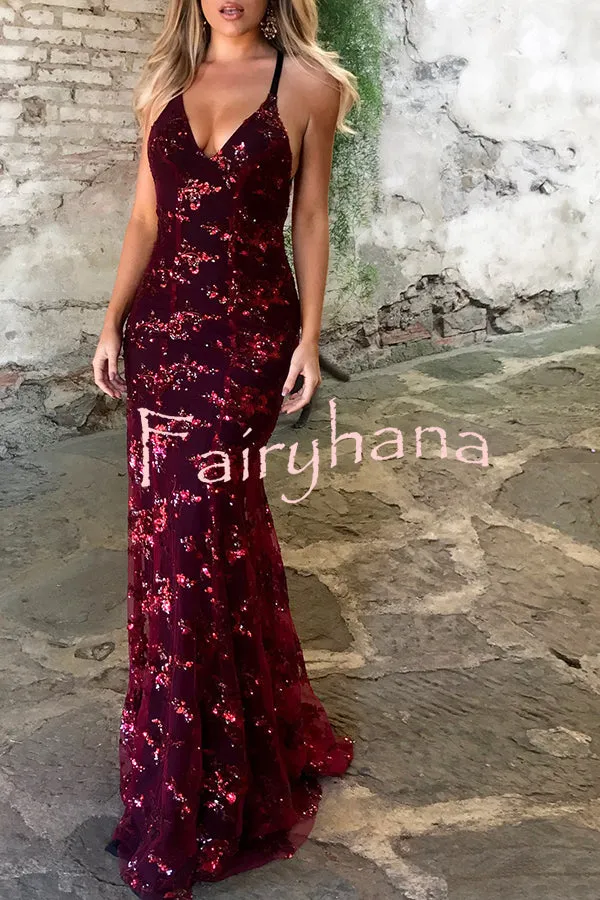 Jadore V Neck Open Back Sequin Lace Up Maxi Dress