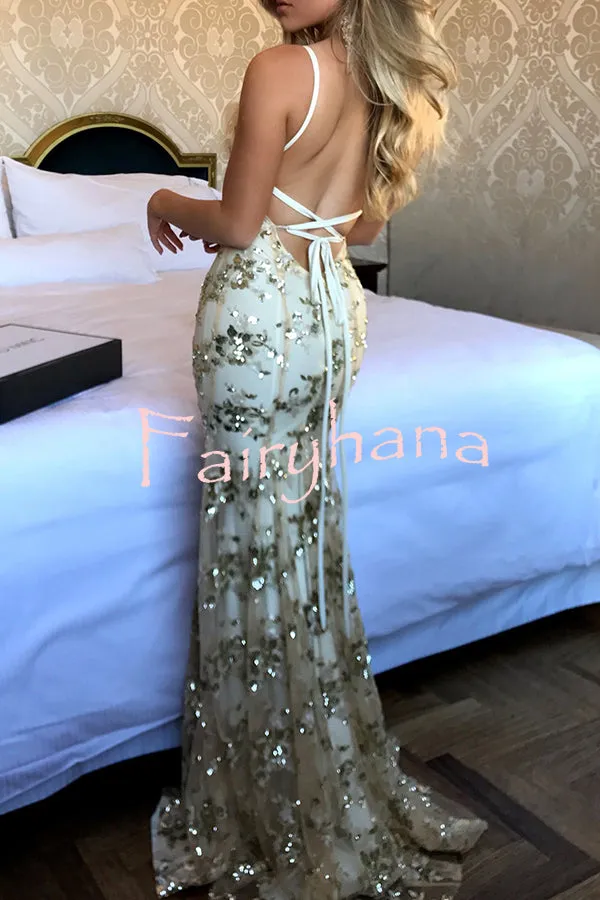 Jadore V Neck Open Back Sequin Lace Up Maxi Dress