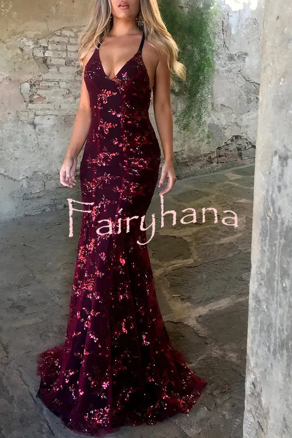 Jadore V Neck Open Back Sequin Lace Up Maxi Dress